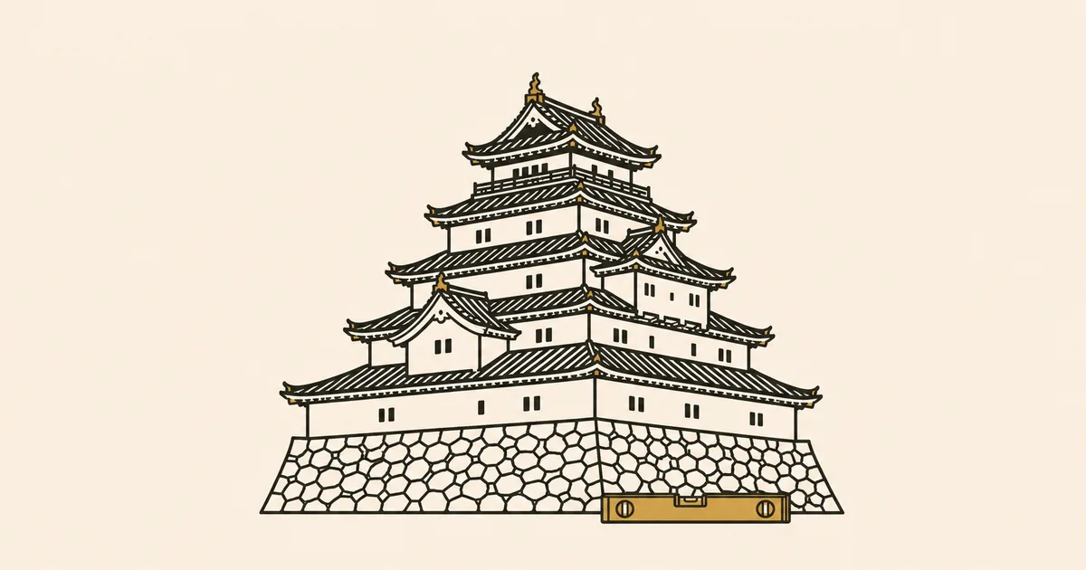 福島県の建設業許可ガイド。生成りの紙地に、鶴ヶ城の天守を墨の平面イラストで描き、金色の水平器を小さく添えた図