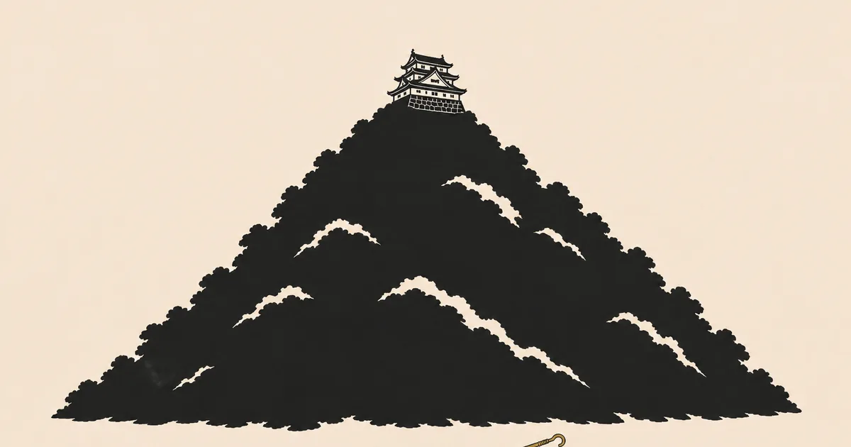 岐阜県の建設業許可ガイド。生成りの紙地に、金華山の山容と山頂の岐阜城天守を墨の平面イラストで描き、金色の鳶口を小さく添えた図