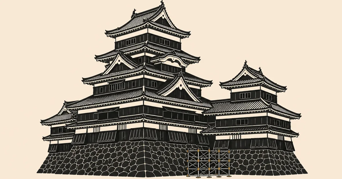 長野県の建設業許可ガイド。生成りの紙地に、松本城の黒い天守群を墨の平面イラストで描き、金色の足場を小さく添えた図