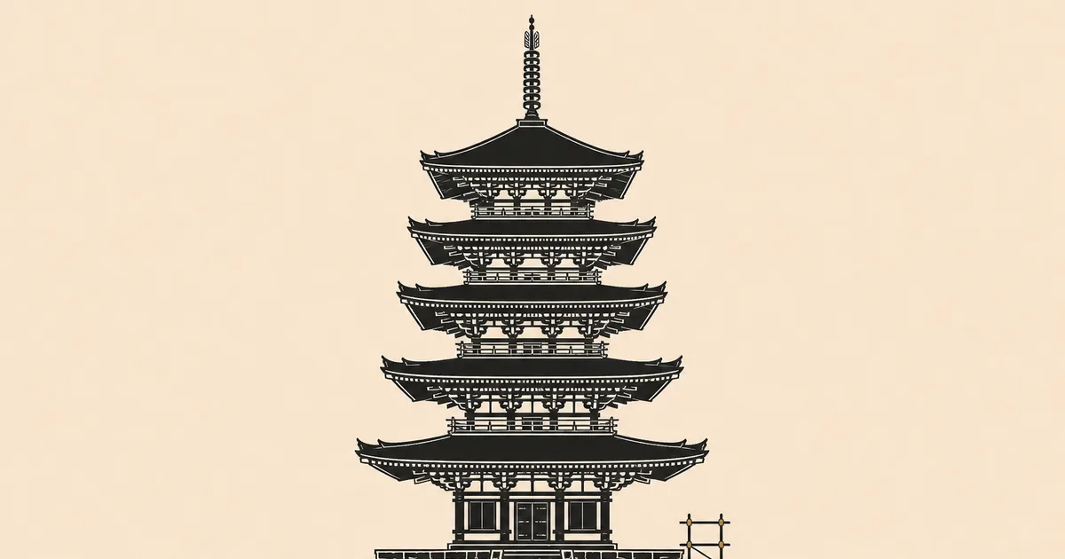 奈良県の建設業許可ガイド。生成りの紙地に、興福寺の五重塔を墨の平面イラストで描き、金色の足場を小さく添えた図