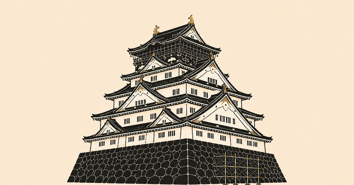 大阪府の建設業許可ガイド。生成りの紙地に、大阪城の天守と石垣を墨と金の平面イラストで描き、金色の足場を小さく添えた図