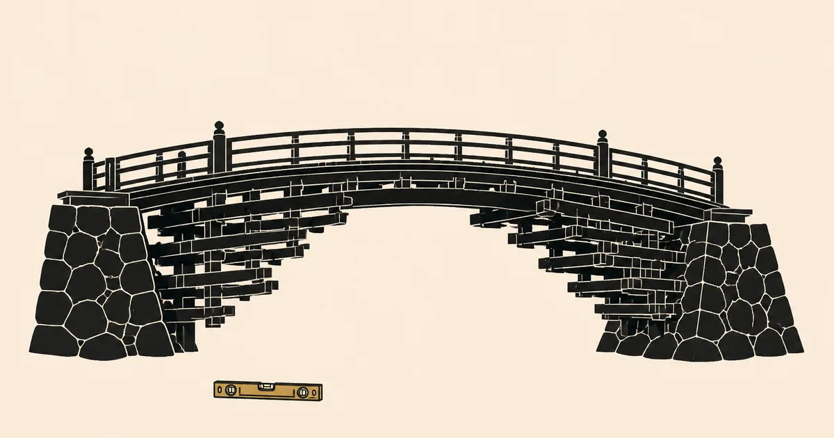 山梨県の建設業許可ガイド。生成りの紙地に、猿橋の刎橋を墨の平面イラストで描き、金色の水平器を小さく添えた図