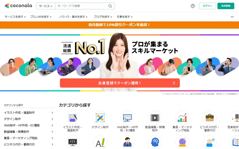 ココナラのサービス検索結果画面のスクリーンショット。出品を料金・評価・納期で見比べられる